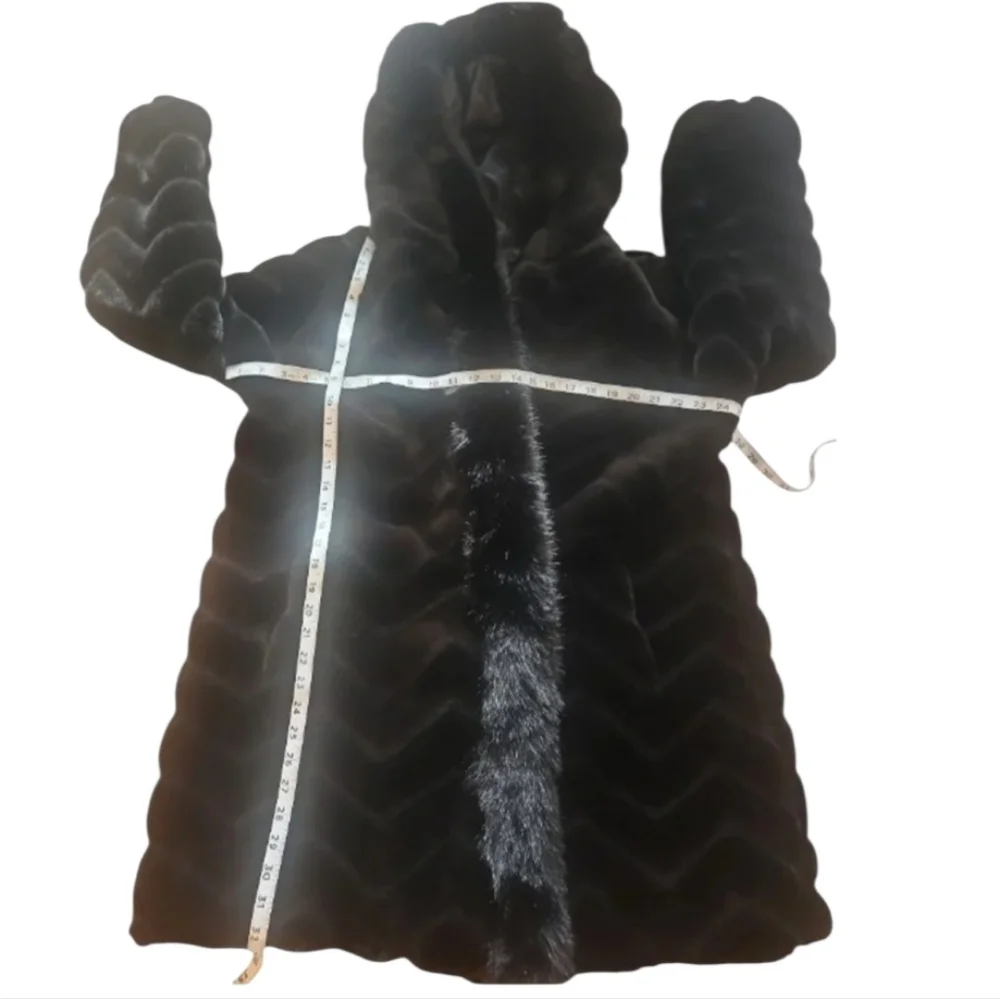 Gallery Hooded Black Faux Fur Jacket Sz L - Picture 11 of 16